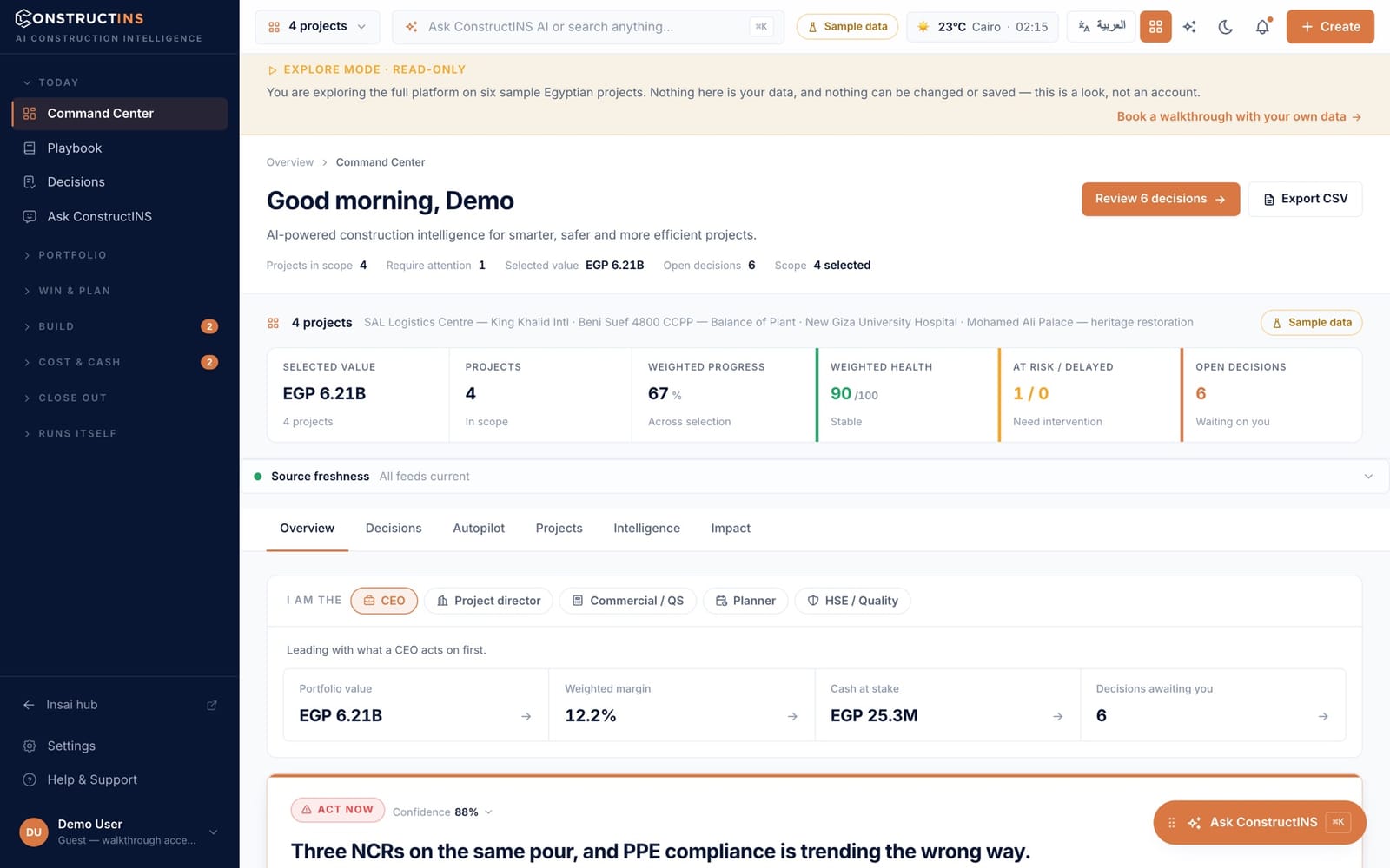 Command Center — portfolio value, weighted progress and the decisions waiting on you, on sample data.