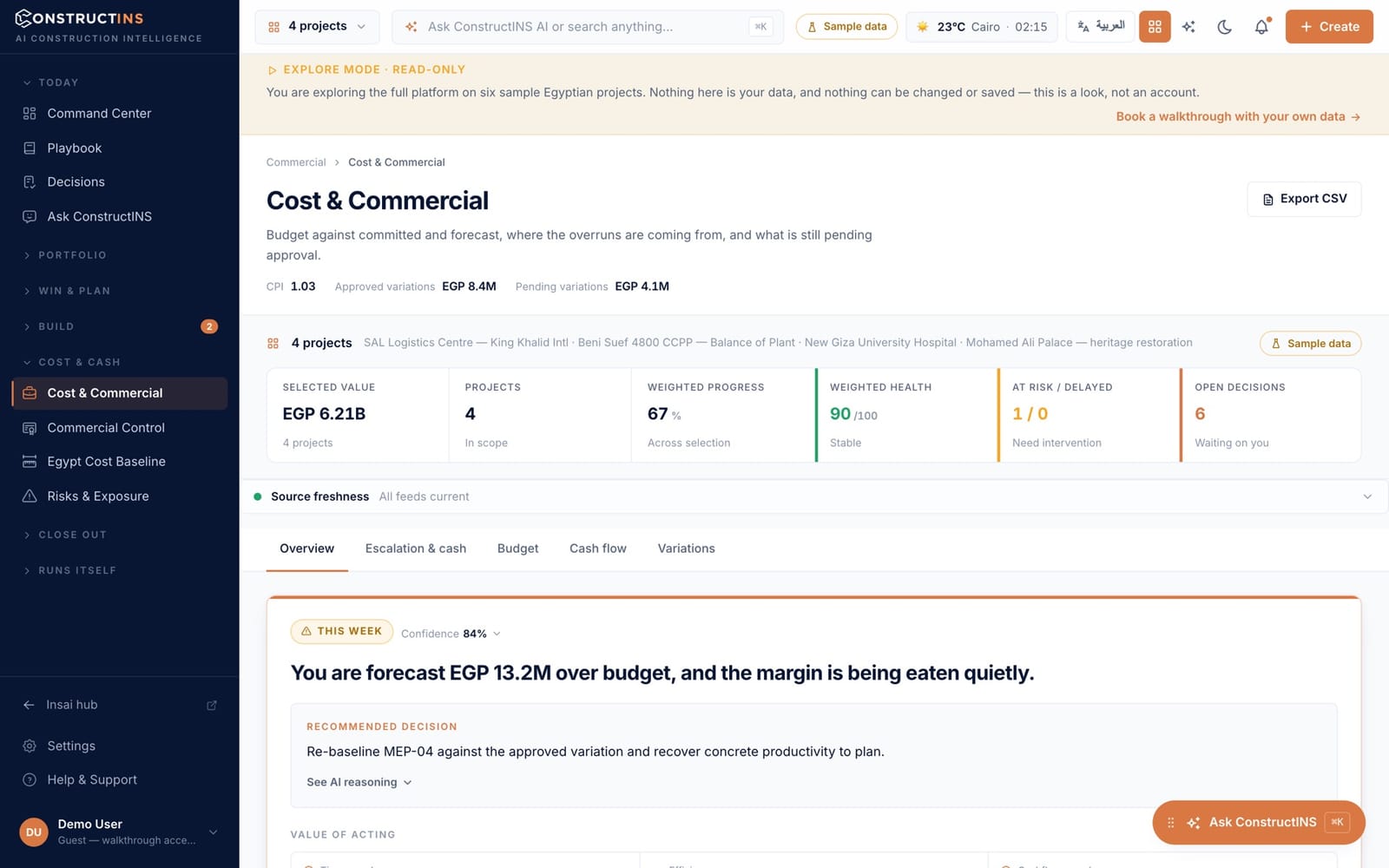 Cost & Commercial — budget against forecast, where the overruns come from and what is pending approval, on sample data.