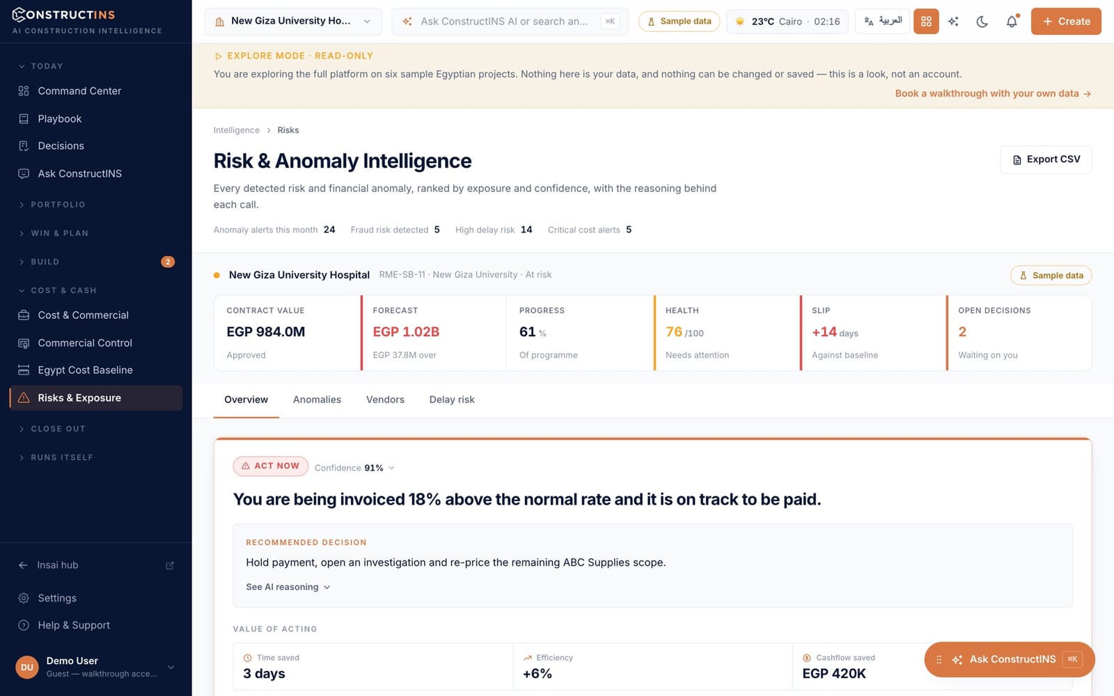 Risk & Anomaly Intelligence — detected risks ranked by exposure and confidence, with the reasoning behind each call, on sample data.