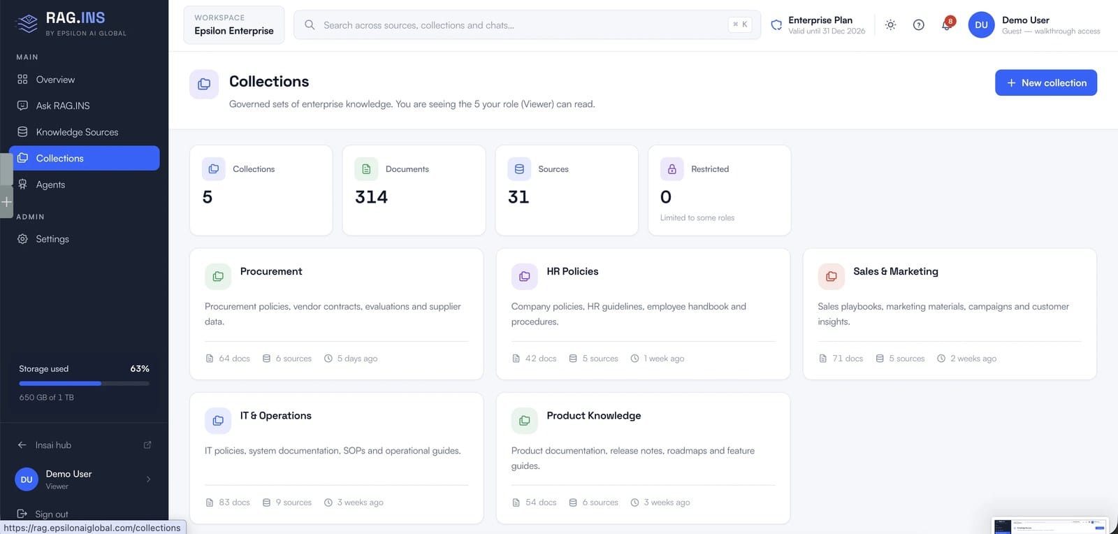 RAG.INS collections — governed sets of enterprise knowledge by role, on sample data.