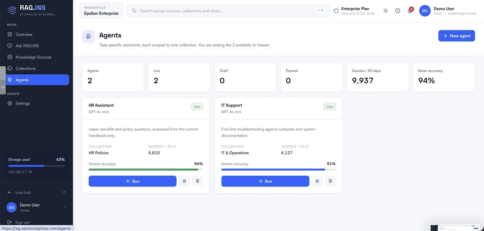 RAG.INS agents — task-specific assistants scoped to one collection, on sample data.