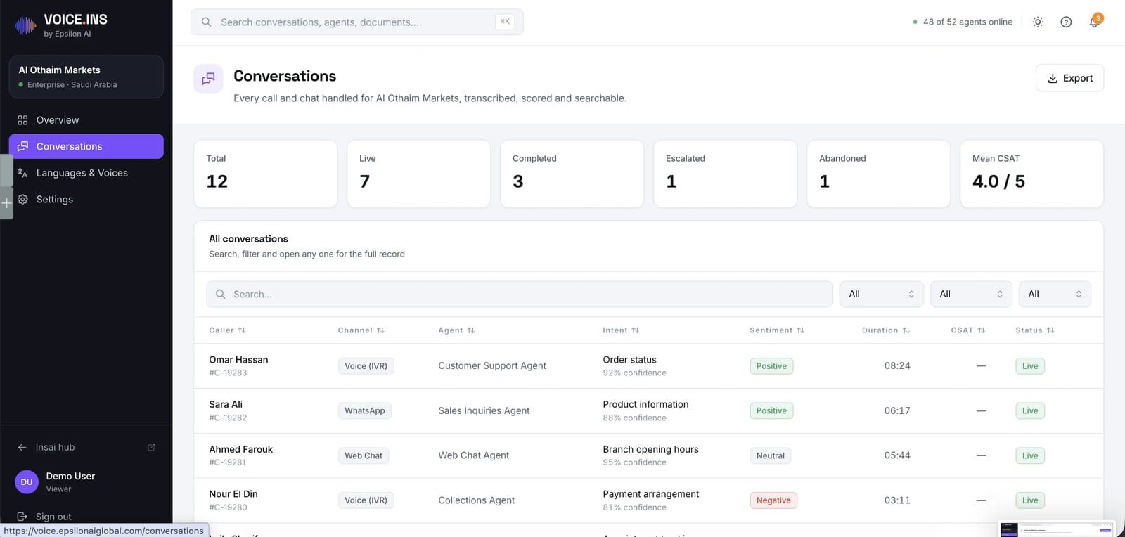 VoiceINS conversations — every call and chat transcribed, scored and searchable, on sample data.