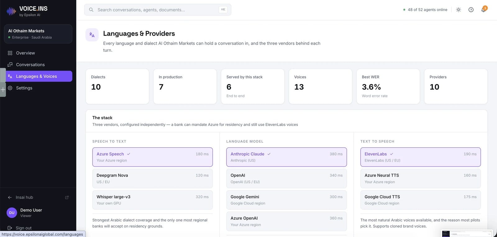 VoiceINS languages and providers — the speech, language-model and voice stack, on sample data.